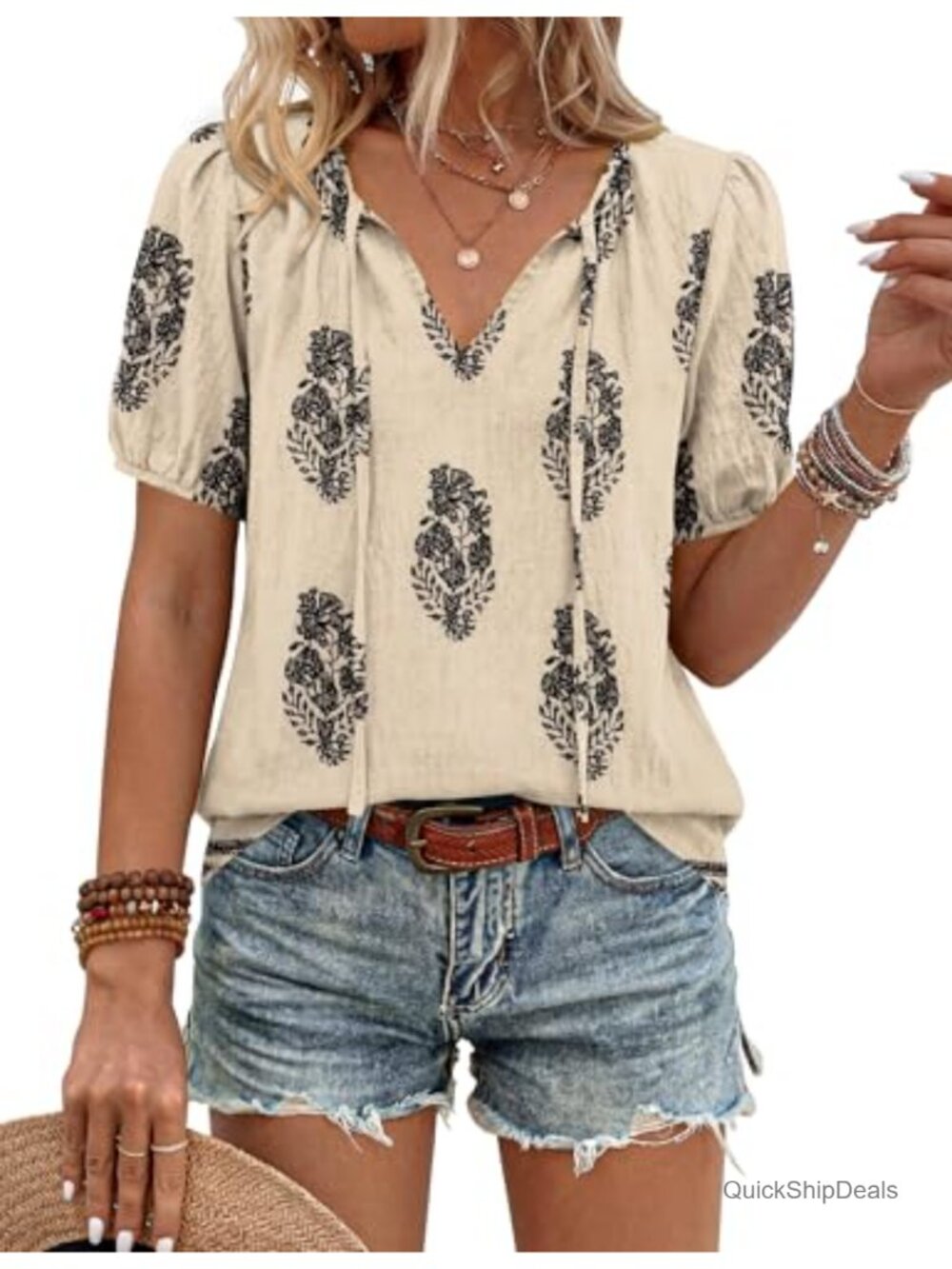 Boho Peasant Blouse Short Sleeve Tie-Front V-Neck Flowy Top